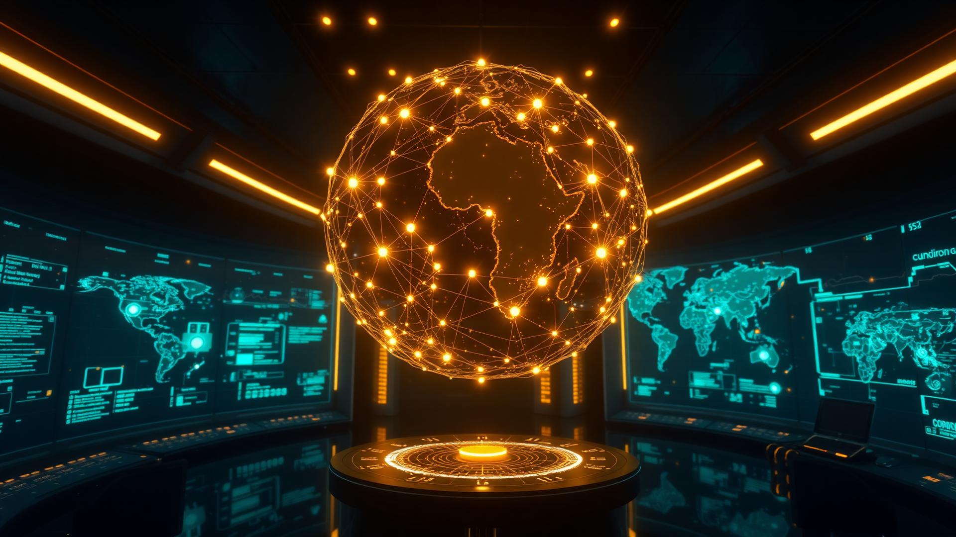 Global network graphic connecting smart kitchens, solar arrays and sustainable farms across continents