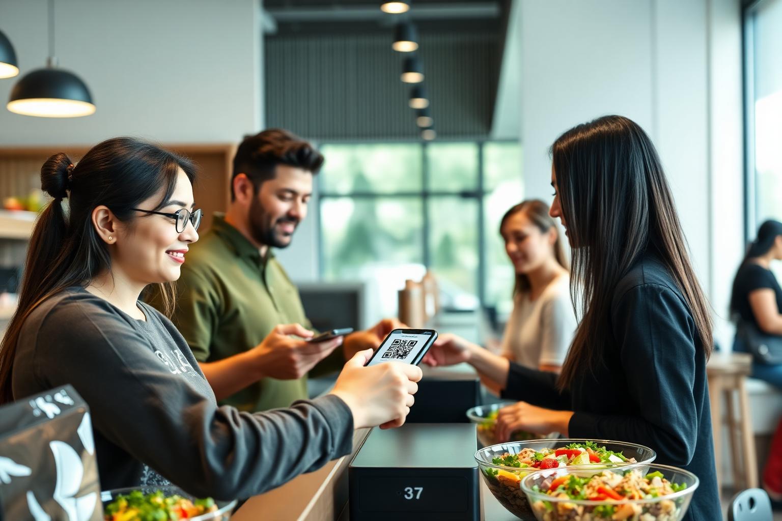 Guests sharing a healthy meal and paying at a local restaurant