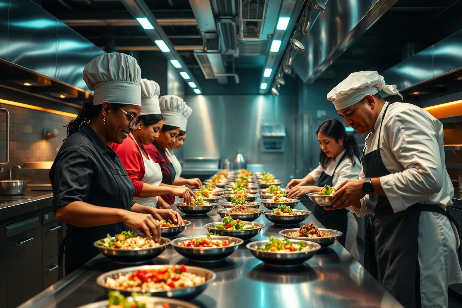 Cooks plating fresh meals in a local partner kitchen